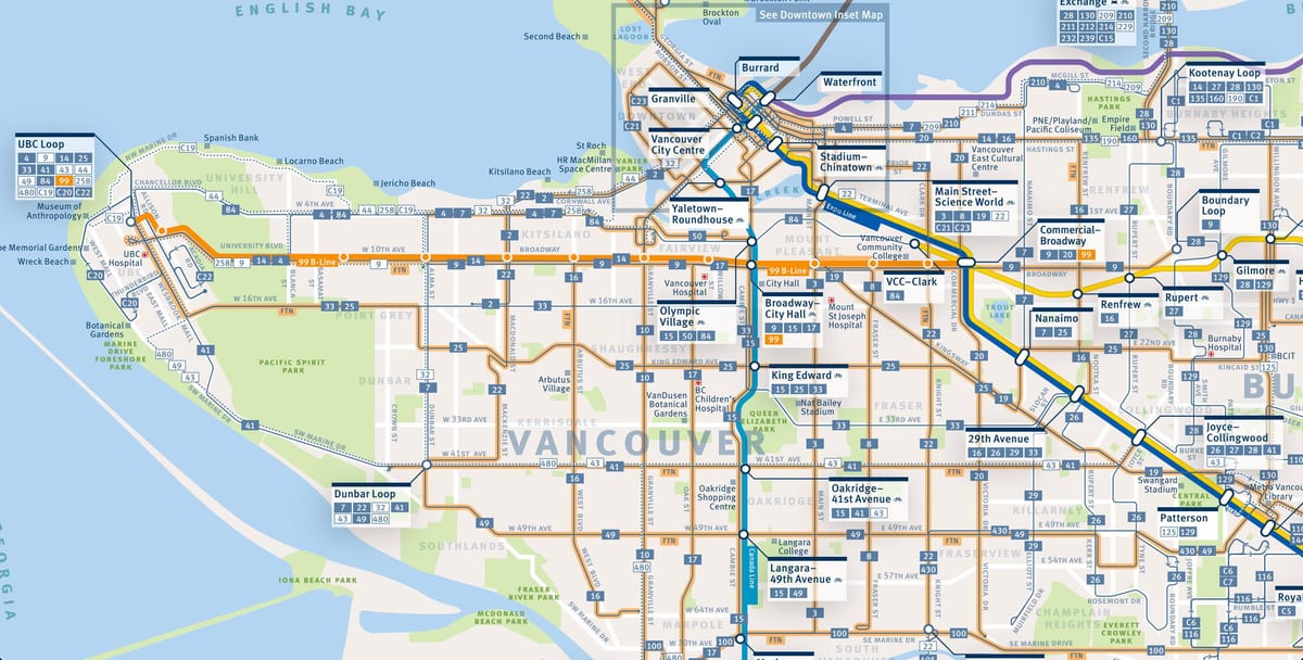 Xəritəsi, avtobus marşrutlarının Vancouver 