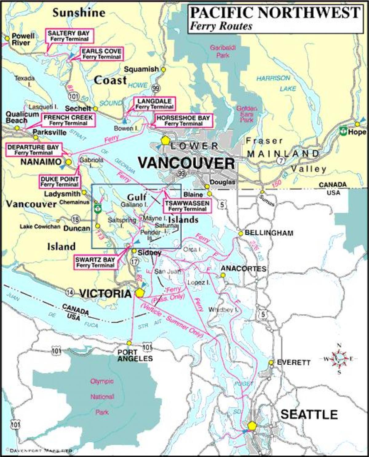 Vancouver ısland ferry marşrutları üzrə xəritə