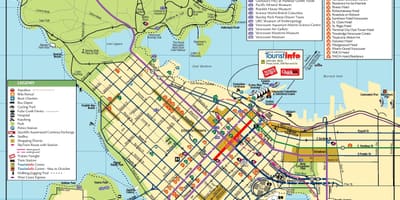 Şəhərin mərkəzi Vancouver xəritəsi, görməli yerləri ilə